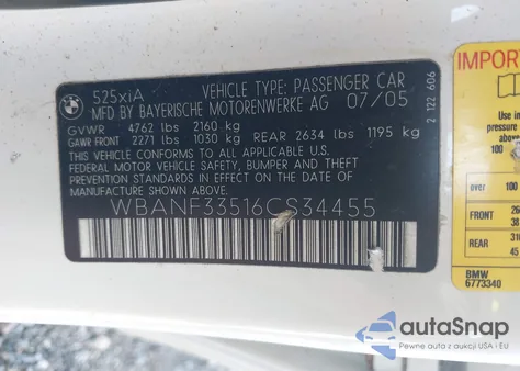 2006 BMW 525Xi из США, поврежденный, VIN WBANF33516CS34455